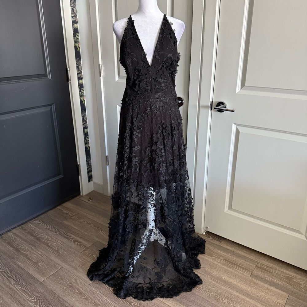 Dress The Population Black Floral Appliqué Plunge Neck Formal Maxi Gown Size L